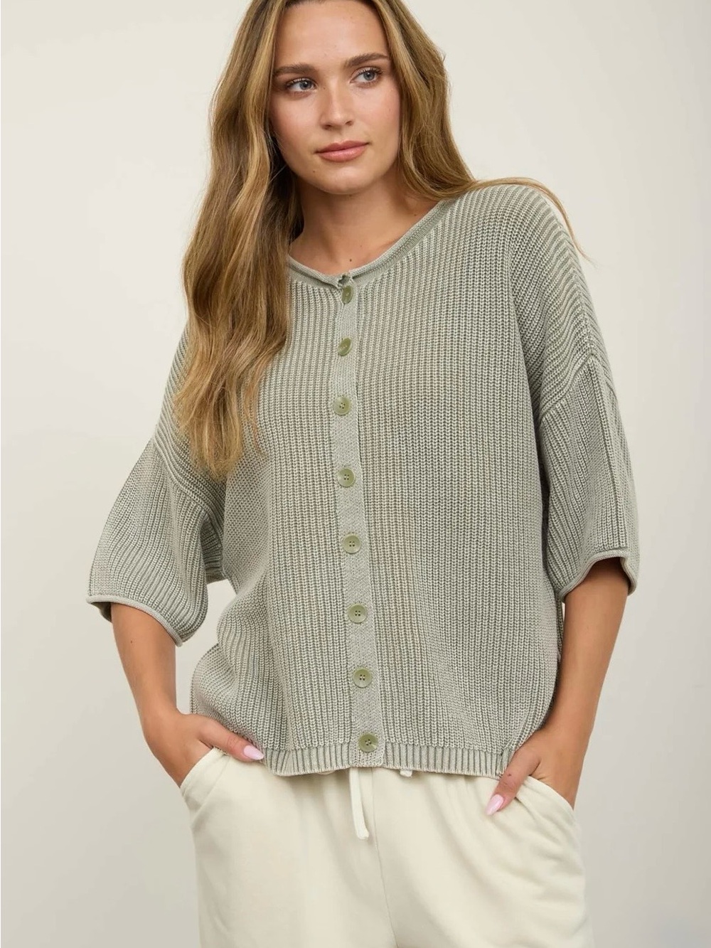 J6FT1028 WASHED RIBBED SHORT SLEEVE ROLLED EDGE CARDIGAN